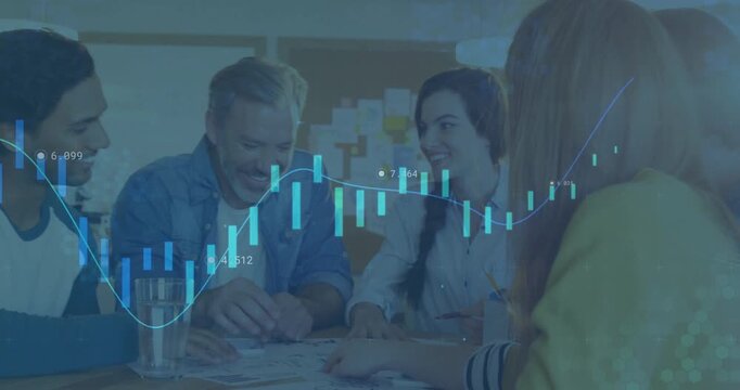 Business colleagues pointing at data point on charts, shuffling pages and reaching consensus