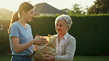 Smiling young woman gives paper bag full of fresh produce to happy senior woman in sunny garden. Concept of intergenerational help, volunteering, and community care. For charity
