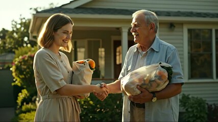 Young woman volunteer shaking hands with grateful senior man while giving him bag of groceries. Concept of community support, volunteering, and helping elderly. For charity or social work