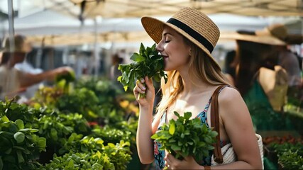 Young woman in straw hat and summer dress smelling bunch of fresh green herbs at farmers market. Concept of healthy living, organic food, and shopping local. For food blog or market banner