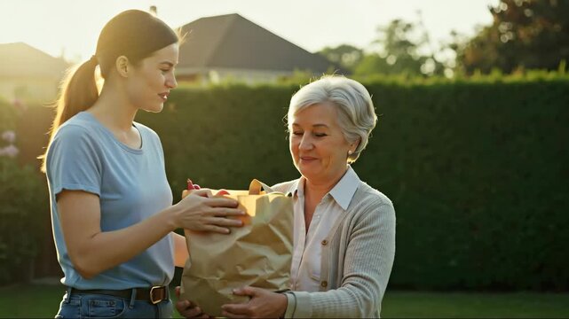 Smiling young woman gives paper bag full of fresh produce to happy senior woman in sunny garden. Concept of intergenerational help, volunteering, and community care. For charity