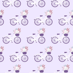 Purple Bicycle with Baguettes and Flowers in a basquet. Seamless Pattern. French Picnic Summer Ride Illustration