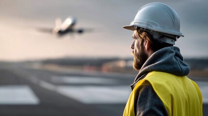 Obraz premium Airport Engineer Overseeing Aircraft Takeoff, Reflecting on the Future of Aviation