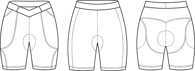 Cycling shorts flat sketch, front, side, and back views, padded bike shorts, sportswear design, active lifestyle, exercise apparel, fitness clothing, comfortable cycling gear, customizable template.