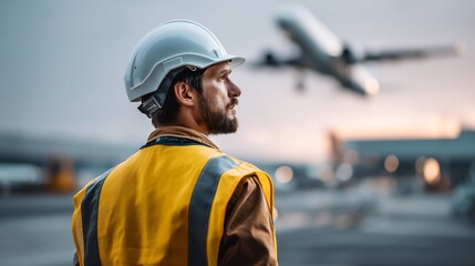 Airport Ground Crew Supervisor Overlooking Operations as Aircraft Takes Off