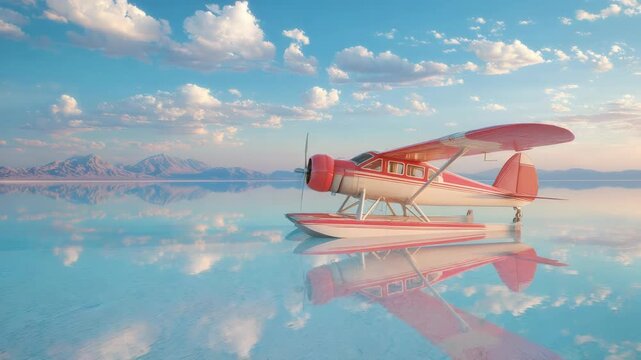 Vintage Seaplane Resting on Mirrored Waters Under a Sky of Drifting Clouds, Serene