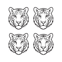 Set of Tiger Head Line Art Vector Illustrations Isolated on White Background

