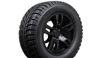 Obraz premium Black winter tire on black wheel against white background