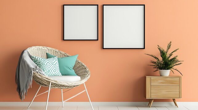 Stylish interior with wicker chair, side table, plant, frames, and peach wall