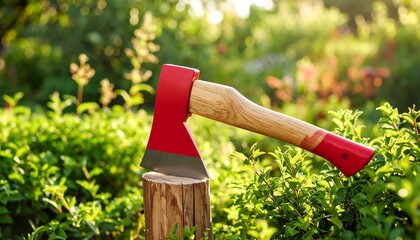 Axe resting on a stump in garden