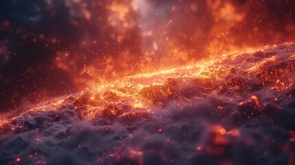 Naklejka premium Fiery landscape with glowing orange light, cloud-like textures, and blurred foreground details