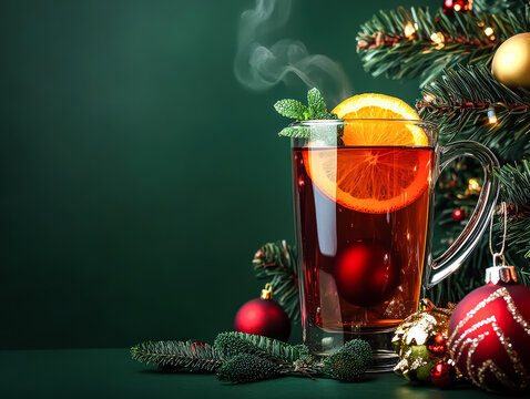 Glass of tea with a slice of orange in it is on a green background - Powered by Adobe