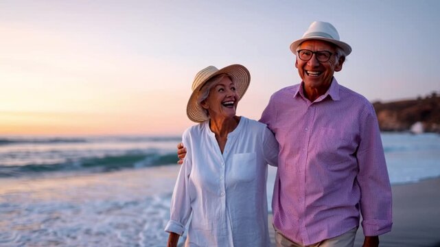 Embracing Financial Freedom, lifestyle early. Blissful Retirement: Senior Couple Laughing on Beach in Golden Backlight from Savings Success