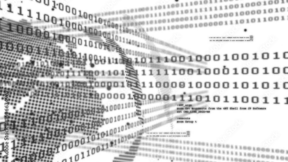 Poster when dotted globe appearing, binary streams flowing and code snippets showing data channel growth