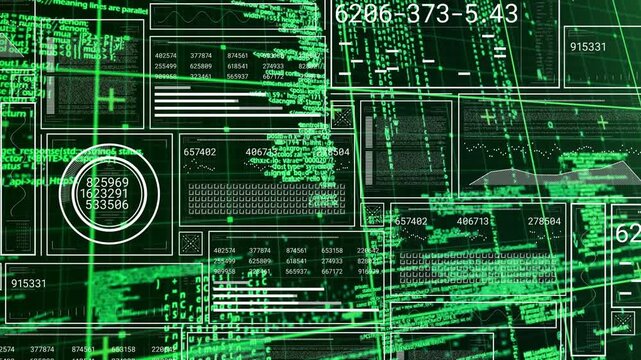 Code streams scrolling while panels forming, tables populating and gauge updating for data analysis
