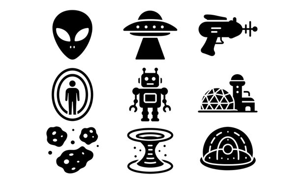 Alien and space exploration icons: ufos, robots, and futuristic technology symbols