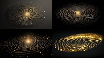 Four golden fingerprint variations glow brightly against dark backgrounds, swirling