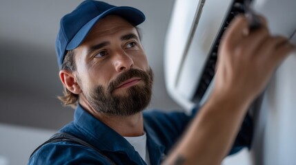 Bearded technician in uniform inspecting air conditioner indoors attentively