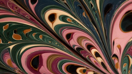 Abstract olive ivory pink and teal marbled surface with dark brown burn effect pattern