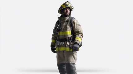 Naklejka premium Brave firefighter standing tall in full protective gear against a white background