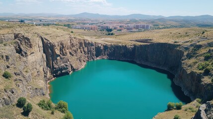 Aerial view of a turquoise lake in a quarry