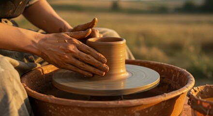 Man shaping clay on pottery wheel in natural outdoor setting  