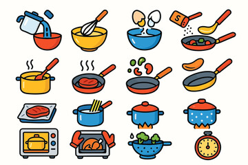 Colorful cooking icons displaying kitchen utensils and food preparation steps