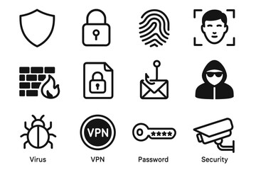 Cybersecurity icons: shield, lock, fingerprint, firewall, vpn, password, surveillance