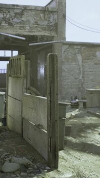 This setting showcases a neglected industrial area with crumbling structures, scattered debris, and overgrown vegetation under bright sunlight. A sense of desolation permeates the environment.