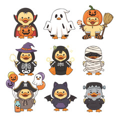 Halloween Ducklings' Carnival: A delightful collection of adorable ducklings dressed in a variety of festive Halloween costumes, evoking playful charm and seasonal fun. 