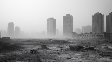 Fototapeta premium Dystopian Urban Landscape: Buildings Emerging from a Misty Wasteland