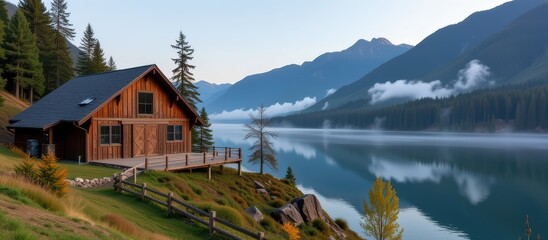 Fototapeta premium Barndominium concept. Cozy cabin by a serene lake surrounded by mountains and trees.