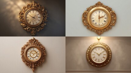 Four ornate, golden clocks with Roman numerals and decorative frames on various walls