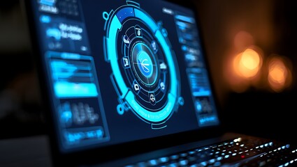 Futuristic digital interface on a laptop screen with glowing blue graphics