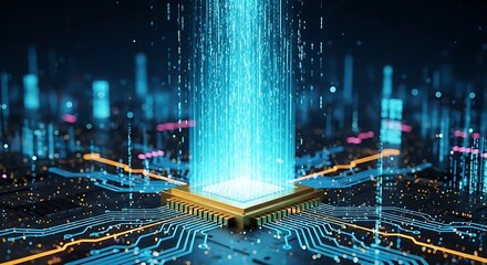 A golden central processing unit is glowing with blue light