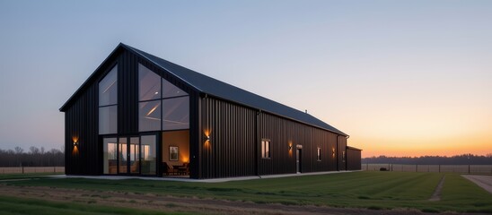 Fototapeta premium Barndominium concept. Modern barn-style building with large windows at sunset, showcasing a sleek design.