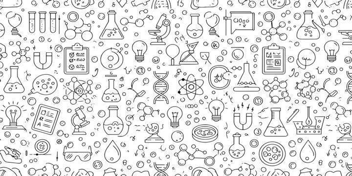 Seamless pattern with hand-drawn science and education icons. Vector background with chemistry and biology doodles for research.