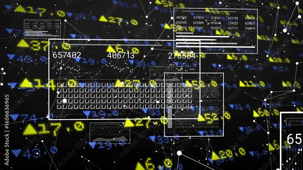 Poster fading in keyboard with panels showing updating counters and shifting network visualizing data