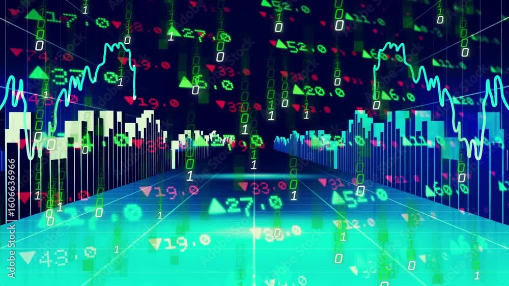 Poster white line appearing on panel starting binary code raining and graph showing market shift
