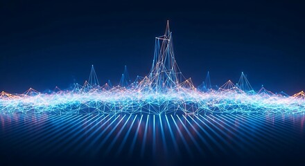 A digital landscape of interconnected lines and points rises from the ground