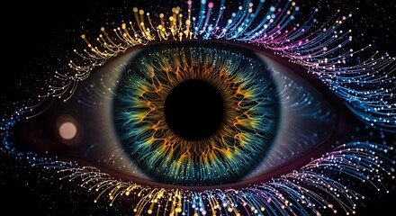 A digital eye with colorful, flowing lines radiating from the center