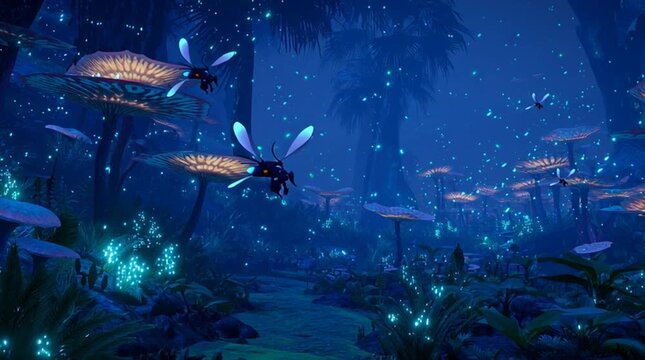 A lush and mysterious alien jungle at night, filled with glowing, bioluminescent plants and exotic flora on a distant planet.

