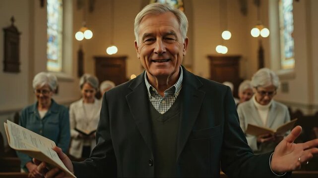 Friendly senior man in suit holding book and smiling, with congregation in background of church. Concept of religious leadership, community, and faith. For church service or event