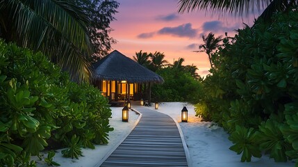 Tropical beach resort at sunset with wooden walkway, lanterns, and thatchedroof bungalow