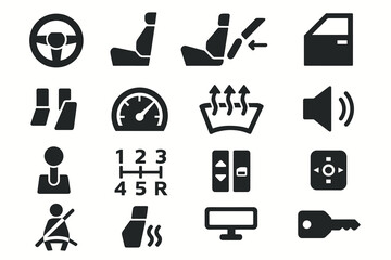 Automotive icon set with steering wheel, car seats, and control symbols