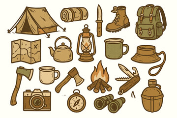 Camping gear icons: tent, backpack, lantern, map, fire, tools, and more
