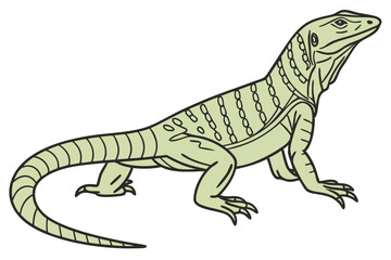 Cartoon Monitor Lizard Illustration Standing Tall with Detailed Markings and a Smooth Gradient of Pale Green Coloring Over a White Background