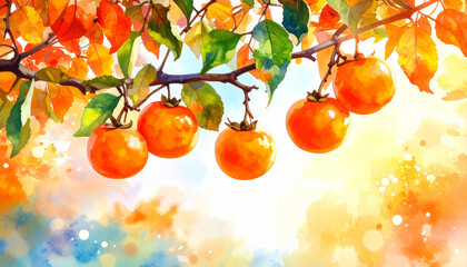 가을 햇살 아래 나뭇가지에 매달린 잘 익은 감을 수체화로 그린 느낌