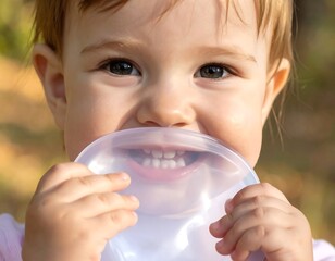 Baby girl playing with a clear plate