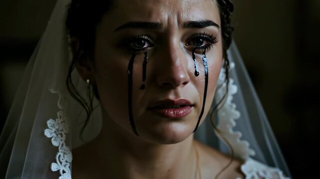 Close up of beautiful bride in veil with black mascara tears streaming down her face. Concept of sadness, heartbreak, and ruined wedding day. For dramatic or emotional content. Horizontal banner